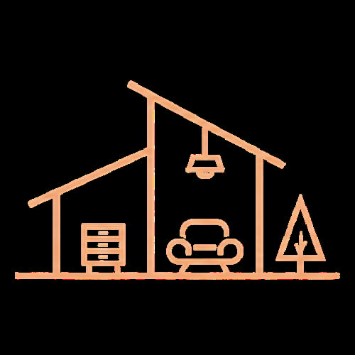 Line icon illustration of a garage with a car, storage shelves, hanging lamp and pine tree